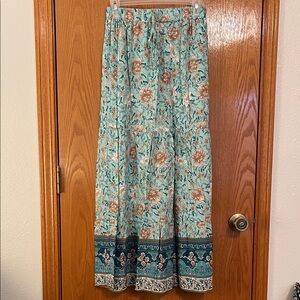 Simplee Apparel Floral Maxi Skirt in Teal and Cream